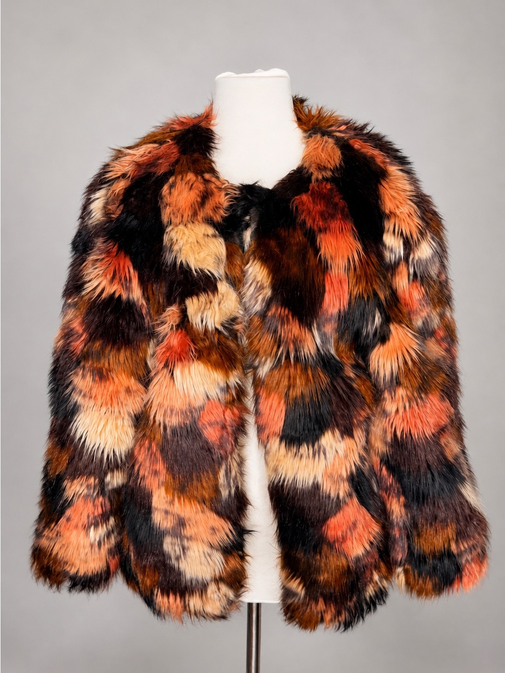 ecote Multicolor Faux Fur Jacket Womens Patchwork Shaggy Boho Statement Coat